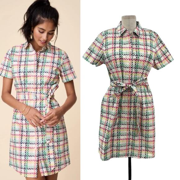 Untuckit Imogen Shirtdress‎ Short Sleeve Rainbow Plaid Check Print White Size 8 - Picture 1 of 16